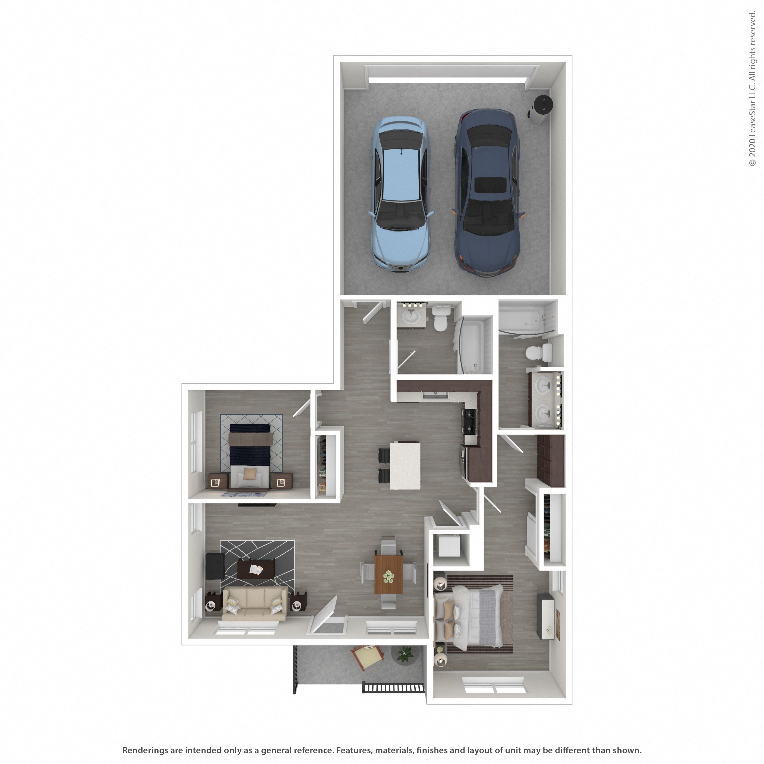 Floor plan for 2 beds, 2 baths, 1102 sqft